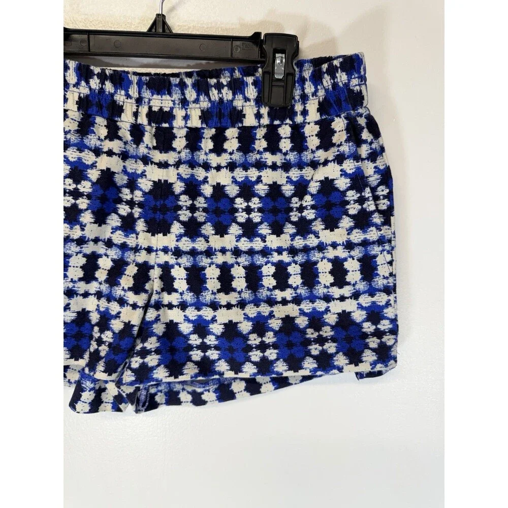 J Crew Women Boardwalk Elastic Pull On Shorts  Geometrc Multi Blue LINEN BLEND 2